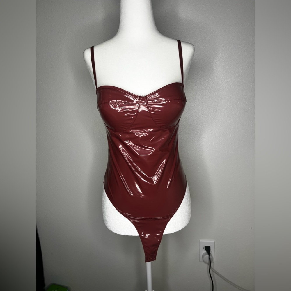 SAY WHAT | PATENT LEATHER PINK BUSTIER BODYSUIT